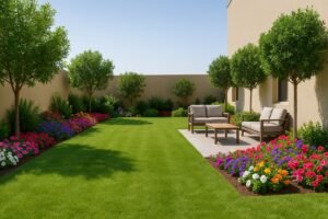 حديقة منزلية بثيل أخضر وجلسة خارجية