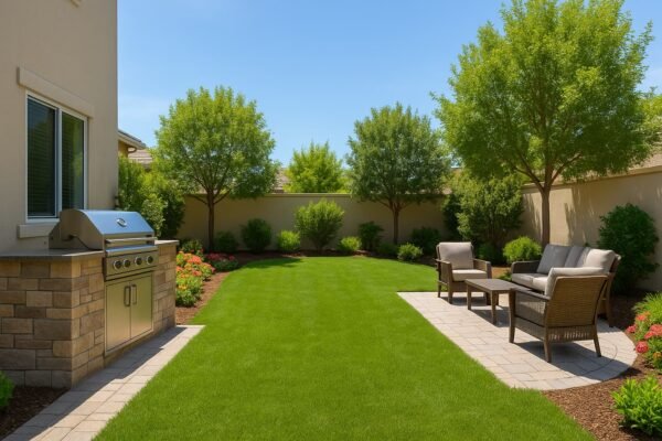 ركن شواء في حديقة منزلية بثيل أخضر وجلسة خارجية