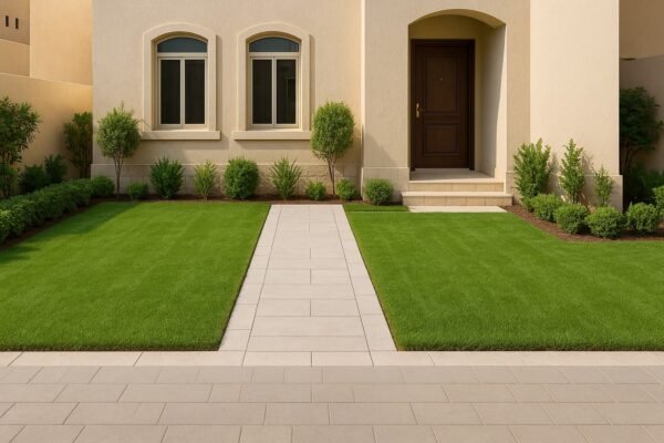 حديقة أمامية بسيطة بثيل أخضر وممر مستقيم
