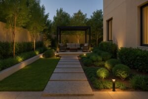 حديقة أنيقة بممر حجري وإضاءة ناعمة