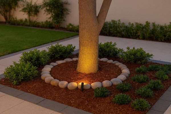 شجرة مزروعة بحلقة حصى وملش وإنارة ناعمة