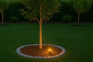 مختصر: شجرة مزروعة بحلقة حصى وملش مع إنارة أرضية