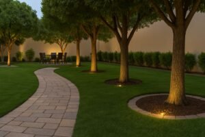 ممر حجري بحديقة كويتية مع أشجار ظل وجلسة خارجية