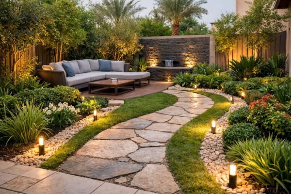 حديقة منزلية صغيرة، ممشى حجر، جلسة حضرية