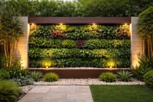 جدار نباتي أخضر مع إضاءة جانبية وحصى فاتح