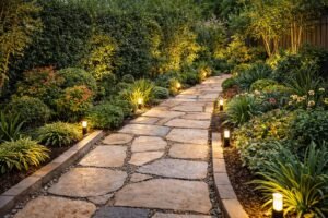 ممر حجري مع إضاءة نباتات