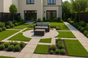 حديقة عصرية بتقسيمات هندسية وجلسة مركزية