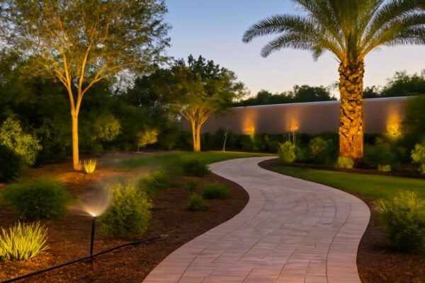 حديقة تم تنفيذها باستخدام أنظمة الري الذكية والأضواء الحديثة، مع مسار مبلط وأشجار مضيئة.