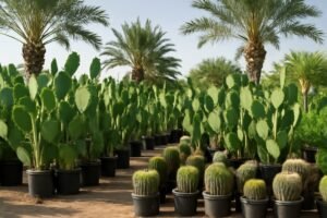 مشتل كويتي يعرض شتلات صبار وتين شوكي ونخيل، مع نباتات متنوعة في أواني سوداء.