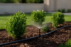 نظام ري بالتنقيط يعمل على سقاية النباتات في حديقة، مع خطوط ريّ ومناطق مغطاة بالفرش العضوي
