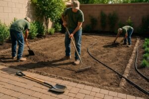 تجهيز أرض حديقة في الجهراء قبل الزراعة مع عمال يقومون بتسوية التربة