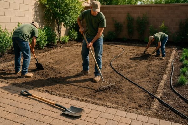 تجهيز أرض حديقة في الجهراء قبل الزراعة مع عمال يقومون بتسوية التربة