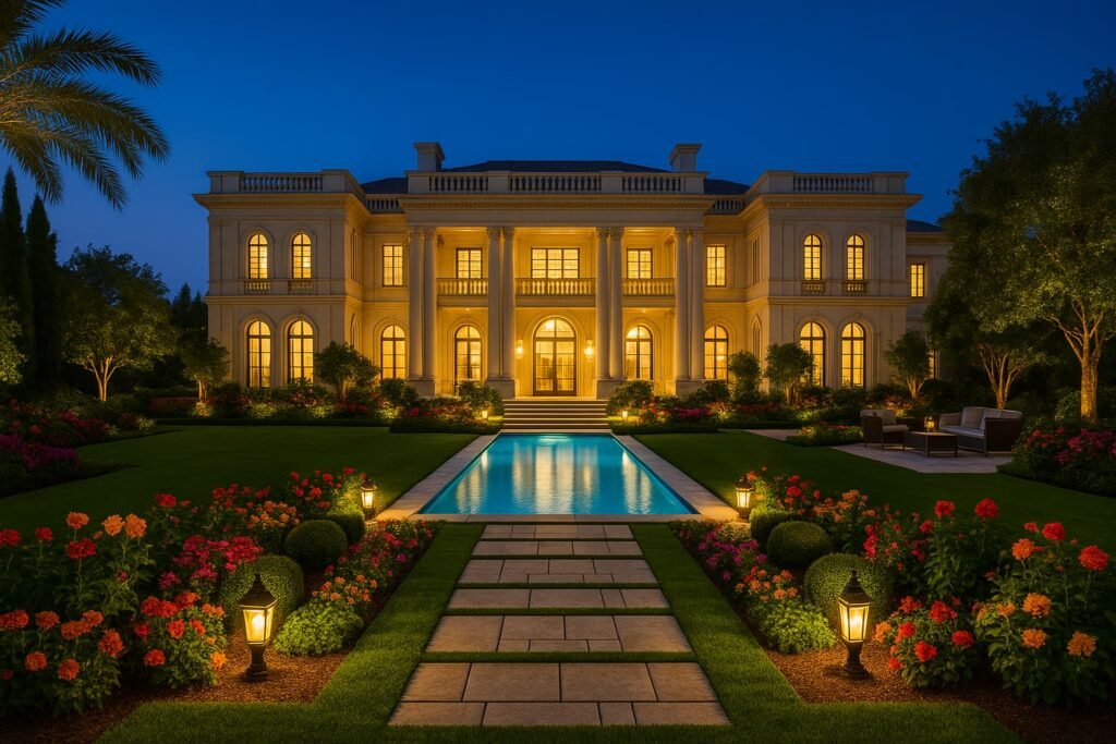 تنسيق حدائق الجهراء حديقة فخمة داخل قصر كبير مع مسبح وممرات حجرية وإضاءة قوية