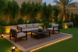 جلسة خارجية أنيقة على أرضية خشبية داخل حديقة منزلية بإضاءة مخفية ونباتات خضراء