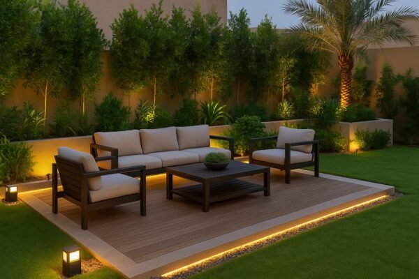جلسة خارجية أنيقة على أرضية خشبية داخل حديقة منزلية بإضاءة مخفية ونباتات خضراء
