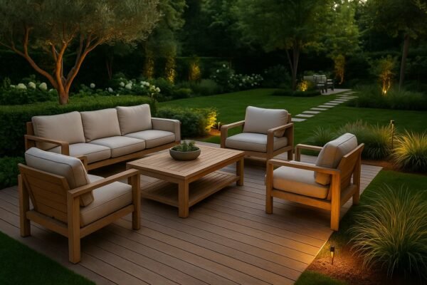 جلسة خارجية فاخرة في حديقة جميلة مع أرضية خشبية وإضاءة هادئة