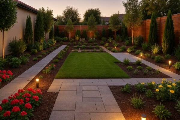 حديقة متكاملة في الجهراء بعد التنفيذ تضم مسارات واضحة ونباتات مزروعة حديثًا وإضاءة جميلة