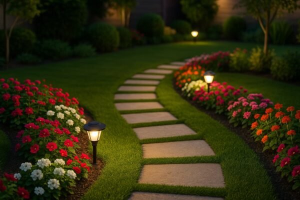 مسار حجري داخل حديقة منظمة في الجهراء مع زهور ملونة وإضاءة خارجية هادئة