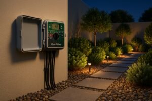 صندوق تحكم ري وإنارة خارجي مع حديقة مضاءة