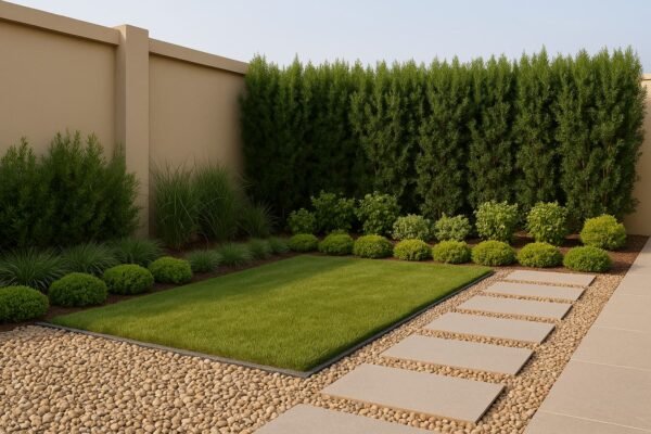 حديقة أبو فطيرة بحصى مغسول ومصدّ نباتي