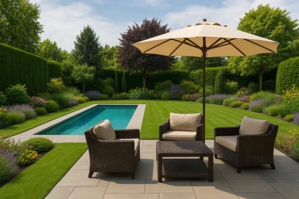 جلسة خارجية أنيقة بجانب مسبح داخل حديقة منزلية منسقة