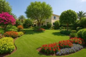 حديقة منزلية كبيرة مزروعة بنباتات تتحمل مناخ الكويت