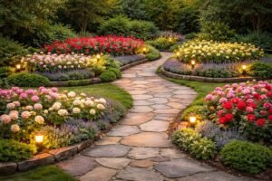 حديقة متوازنة بأحواض ورد نصف دائرية وممر متداخل وإضاءة أرضية خفيفة