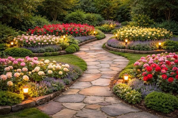 حديقة متوازنة بأحواض ورد نصف دائرية وممر متداخل وإضاءة أرضية خفيفة