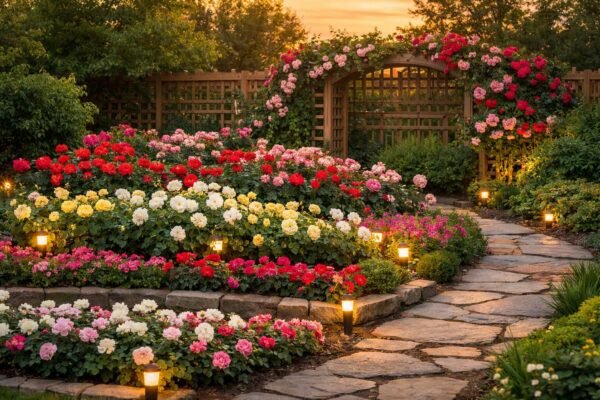 حديقة منزلية خضراء بأحواض ورود طبقية وممر حجري مع إضاءة غروب