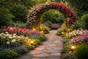 ممر حديقة طبيعي بقوس تعريشة معدنية وورود متسلقة وجلسة خلفية