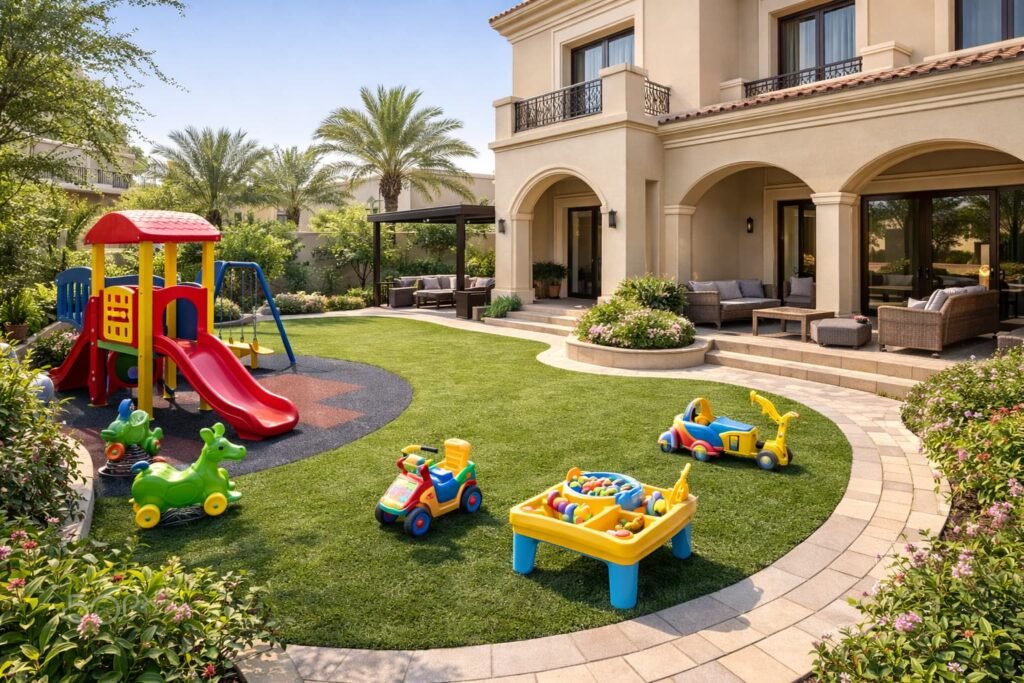 تنسيق حدائق الاطفال حديقة منزلية فاخرة مع ركن ألعاب للأطفال