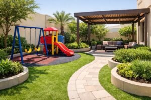 تنسيق حدائق الأطفال بالكويت منطقة لعب بثيل صناعي ومطاط صدمات