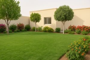 حديقة في الفيحاء بثيل أخضر وأشجار ظل وشجيرات مزهرة