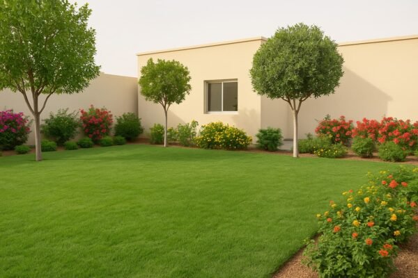 حديقة في الفيحاء بثيل أخضر وأشجار ظل وشجيرات مزهرة