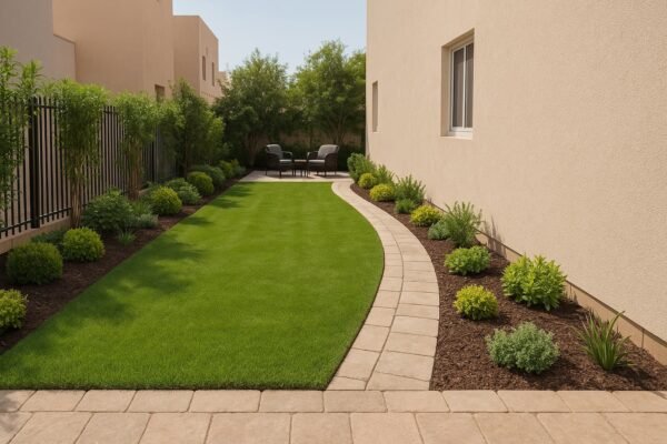 حديقة منزلية مستطيلة في الفيحاء مع ممر حجري وثيل أخضر