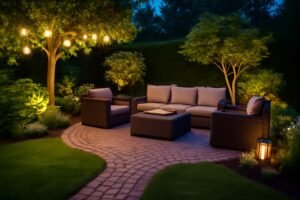 جلسات خارجية في حديقة مع إضاءة مبتكرة