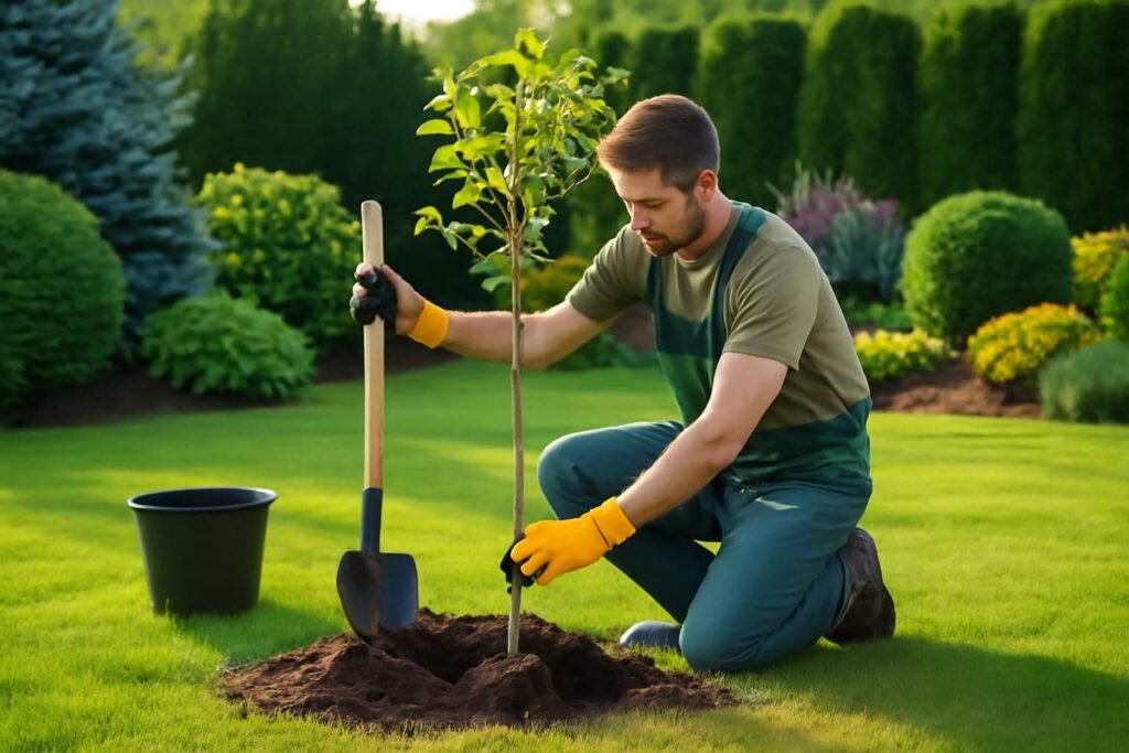 فني زراعة الحدائق أثناء العمل على زراعة شجرة في حديقة منزلية بالكويت