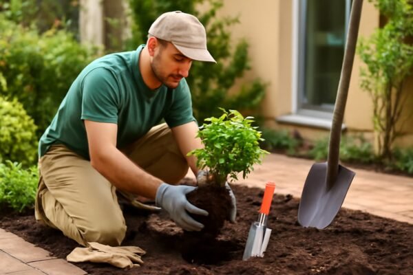 فني زراعة أثناء العمل في حديقة منزلية بالكويت