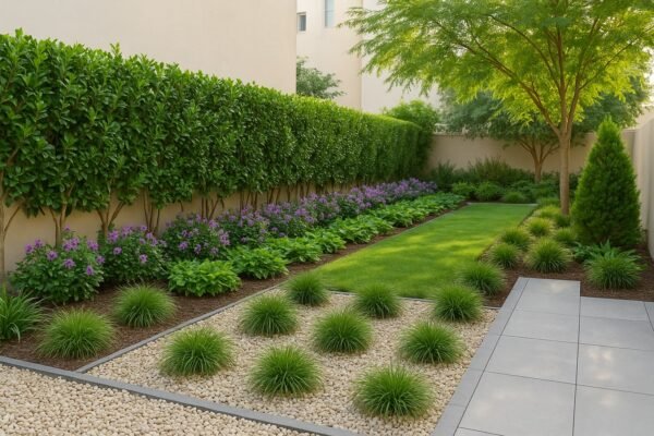 حديقة حطين بمصدّ نباتي وحصى مغسول بحواف واضحة