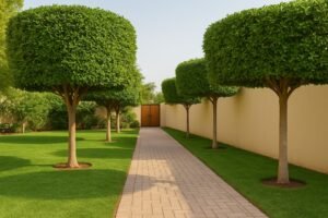 ممر حديقة مرصوف بأشجار مقصوصة بالكويت
