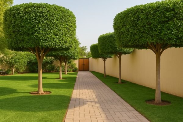 ممر حديقة مرصوف بأشجار مقصوصة بالكويت