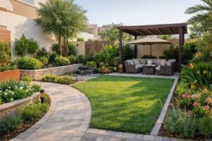 حديقة فهد الأحمد مقسمة بممر أنيق وجلسة شبه مظللة