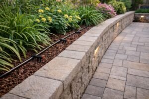 نظام تنقيط داخل أحواض مرتفعة بحواف منظمة وممر نظيف