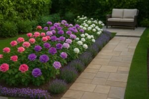 حوض ورد متدرج الألوان من الوردي إلى البنفسجي والأبيض في حديقة منزلية كويتية