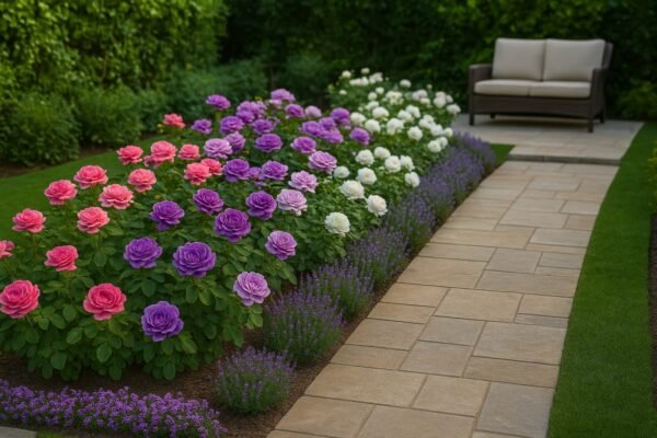 حوض ورد متدرج الألوان من الوردي إلى البنفسجي والأبيض في حديقة منزلية كويتية