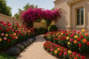 ممر حديقة منزلية كويتية بورود جوري وجهنمية ولافندر