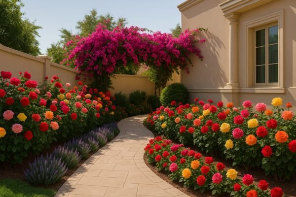 ممر حديقة منزلية كويتية بورود جوري وجهنمية ولافندر