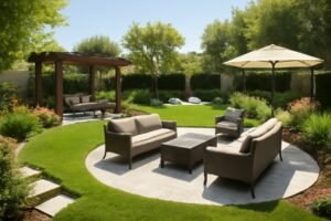 حديقة فاخرة في الشيوخ تحتوي على مناطق مختلفة للاسترخاء والأنشطة الترفيهية مع تفاصيل نباتية جميلة