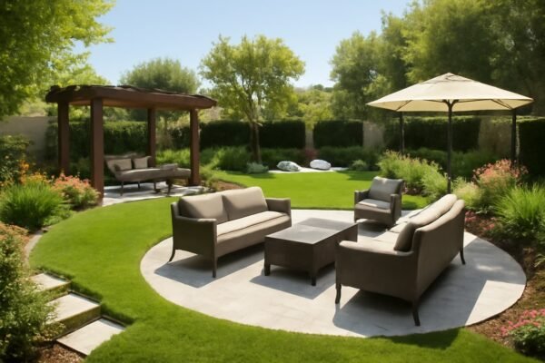 حديقة فاخرة في الشيوخ تحتوي على مناطق مختلفة للاسترخاء والأنشطة الترفيهية مع تفاصيل نباتية جميلة