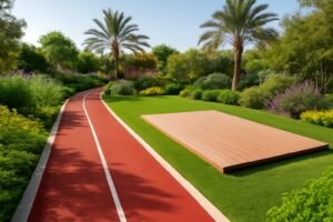 صورة حديقة تحتوي على مسار للجري وأرضية مخصصة لليوغا محاطة بالنباتات